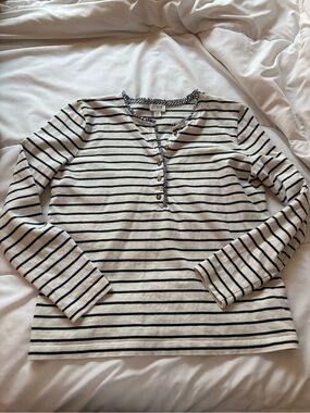 J. Crew Cream and Navy Striped Long Sleeve Henley Top